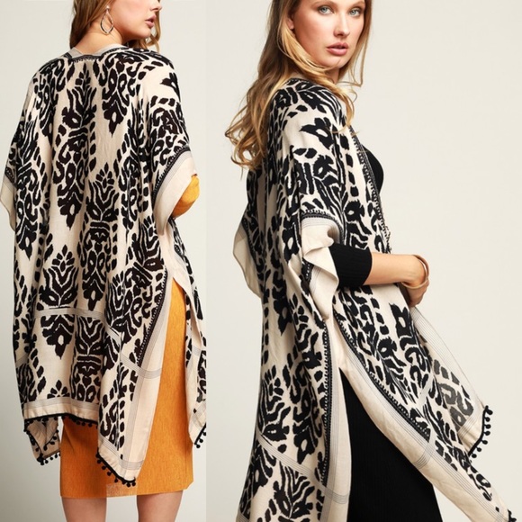 Boho Black Print Kimono, Pom Pom Trim - Picture 5 of 5
